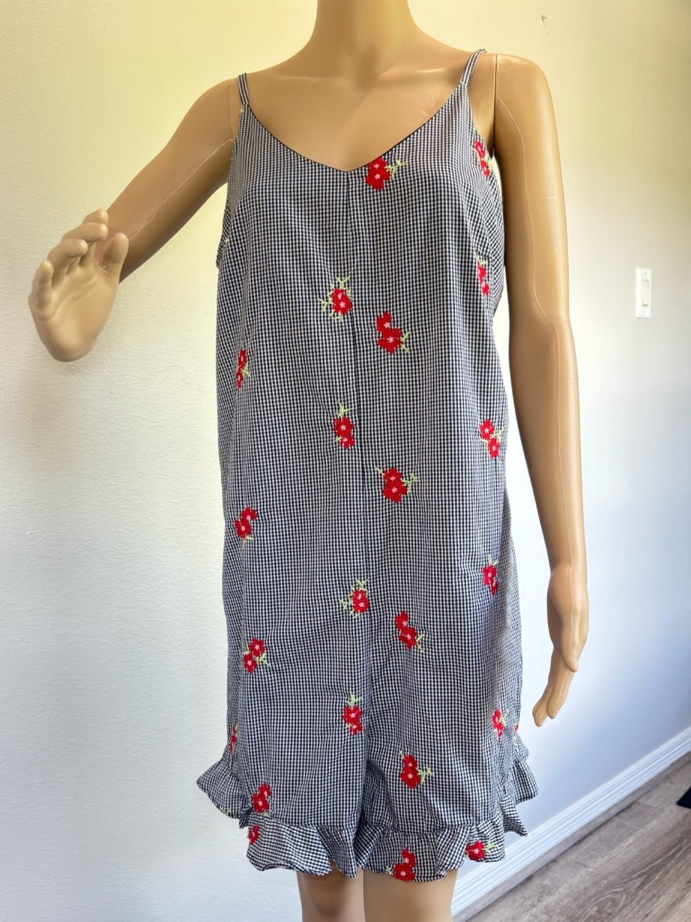 Chelsea & Violet Black-and-White Gingham romper with Red Floral Accents - Picture 2 of 15